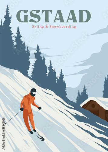 man skiing in gstaad poster vintage illustration design, ski slope ins switzerland poster design