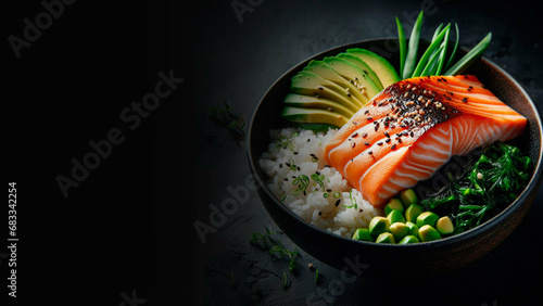 Salmon with chopped avocado, rice and sesame seeds is served on a black plate in a close-up on a black background. Japanese cuisine. Place for text