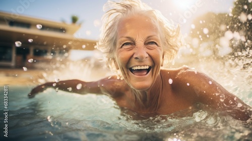 Joyful Immersion: Elderly Woman Radiant After a Refreshing Swim. Generative ai © Scrudje