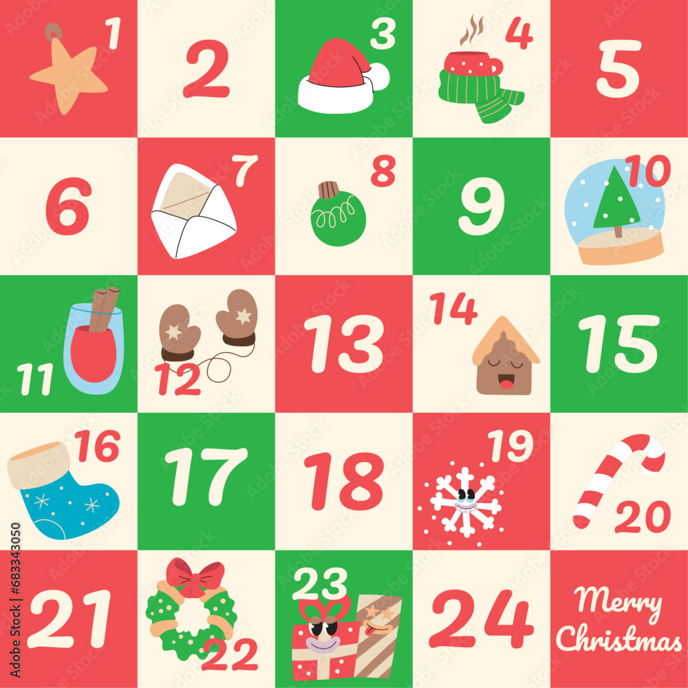 Christmas advent calendar with hand drawn mascot retro elements in cartoon groovy style. Xmas concept illustration for poster, winter postcard. Vector Christmas advent calendar with hand drawn mascot retro elements in cartoon groovy style. Xmas concept illustration for poster, winter postcard. Vector
