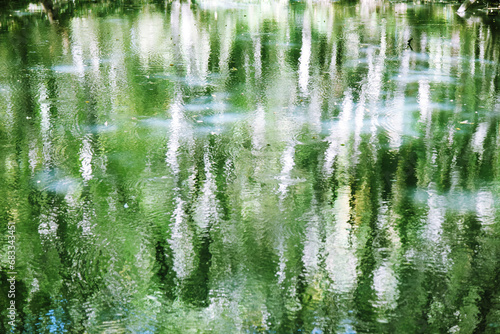 水面に映り込む森の緑　葉　グラデーション　水面　川　湖　池　沼　水　波紋　模様