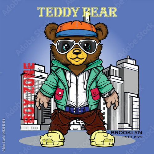 gangster slogan with bear doll in underwear holding gun vector illustration