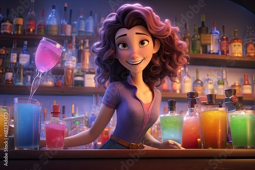 3d illustration of a beautiful girl bartender at the bar counter. Ai generative photo