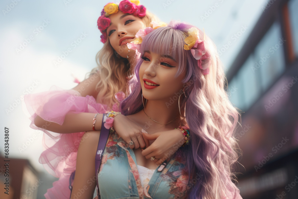Obraz premium Whimsical Embrace of Colorful Friends in a Vibrant Urban Setting