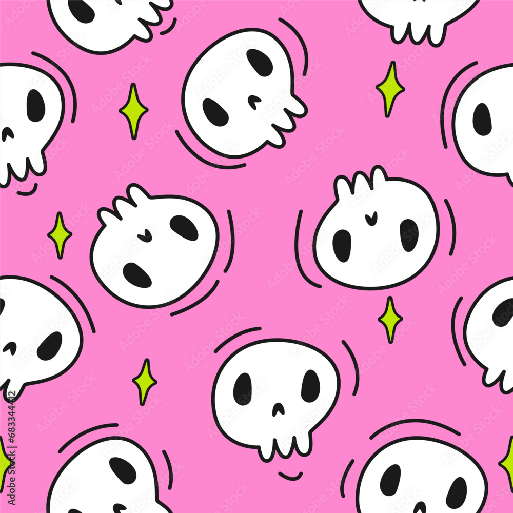 seamless pattern with colorful halloween skull. feminine skull pattern with pink background. Cute pattern of human skulls. Funny skull faces. Monochrome ornament.Halloween seamless illustration.