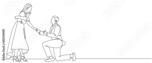The guy makes a marriage proposal to his girlfriend. Line art. Valentine's Day line art vector illustration. Romantic