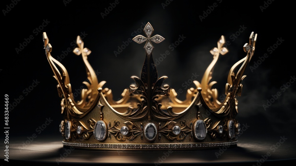 On a black backdrop, a golden beam illuminates the crown. On a black backdrop, a golden beam illuminates the crown.