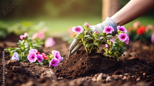 In a flower bed, the gardener uses a hand trowel to plant flowers in the dark dirt.