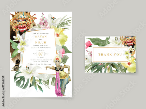 wedding invitation card template with exotic bali dancers watercolor illustration
