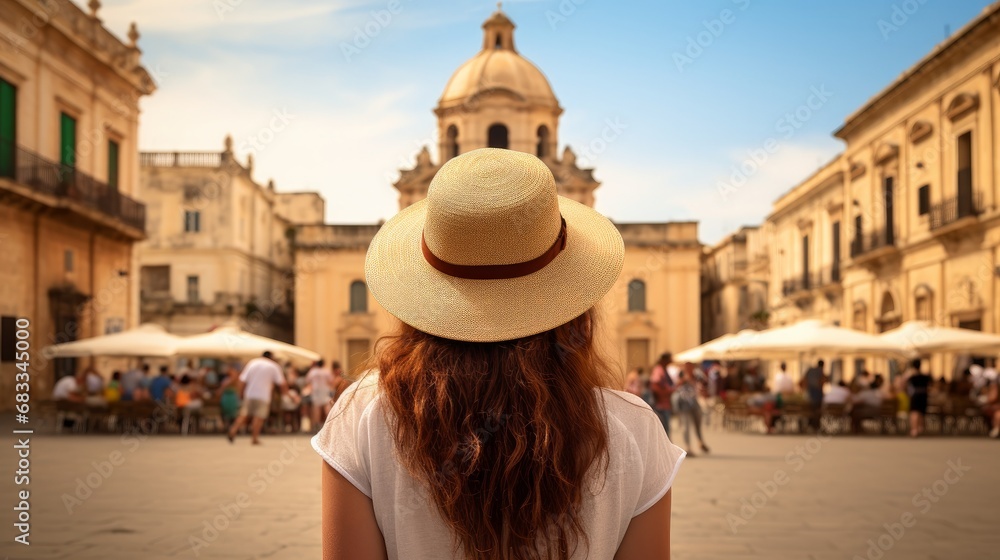 Traveler wearing a hat in front of Palazo Nicolaci in Noto, Sicily.