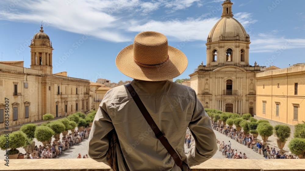 Traveler wearing a hat in front of Palazo Nicolaci in Noto, Sicily. - obrazy, fototapety, plakaty 