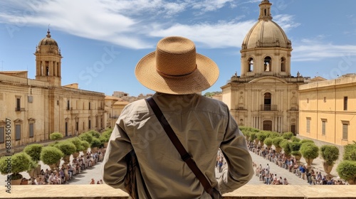 Traveler wearing a hat in front of Palazo Nicolaci in Noto, Sicily. photo