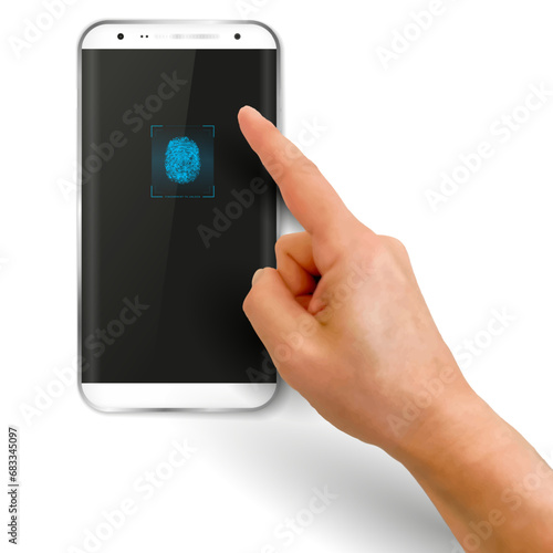 Mobile phone touchscreen interface with hand and fingerprint scanner