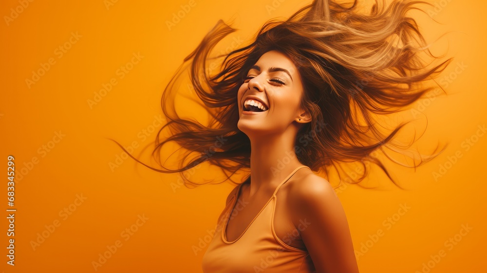 Bright young lady in a studio twisting her hair in a playful way; joyful woman dancing and rejoicing against an orange backdrop