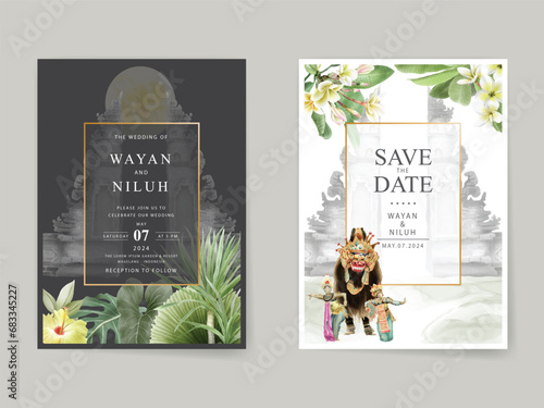 wedding invitation card template with exotic bali dancers watercolor illustration