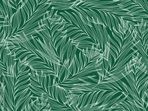 Seamless floral abstract background with  leaves drawn by thin lines. Green  background with light green leaves, monochrome.Vector floral  pattern