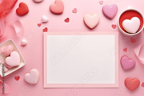Cute pink Valentine day card mockup with heart shaped macaroni cookies and ribbons flat lay style