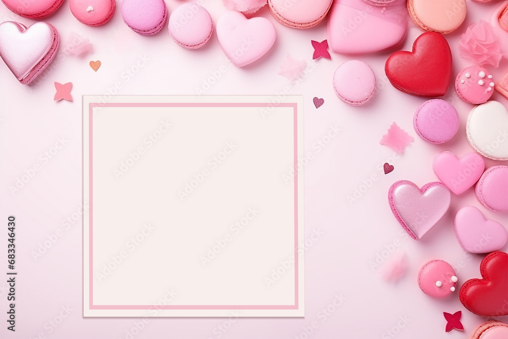 Cute pink Valentine day card mockup with heart shaped macaroni cookies and copyspace flat lay style