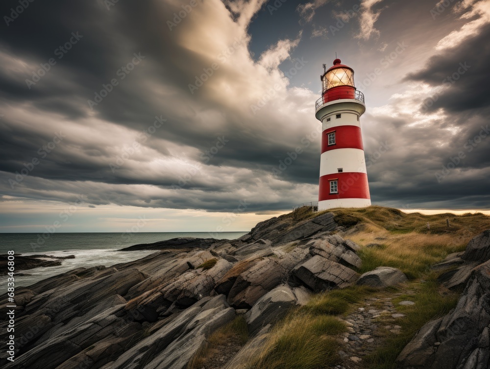 Coastal landscape with a classic, red-and-white striped lighthouse against a stormy sky