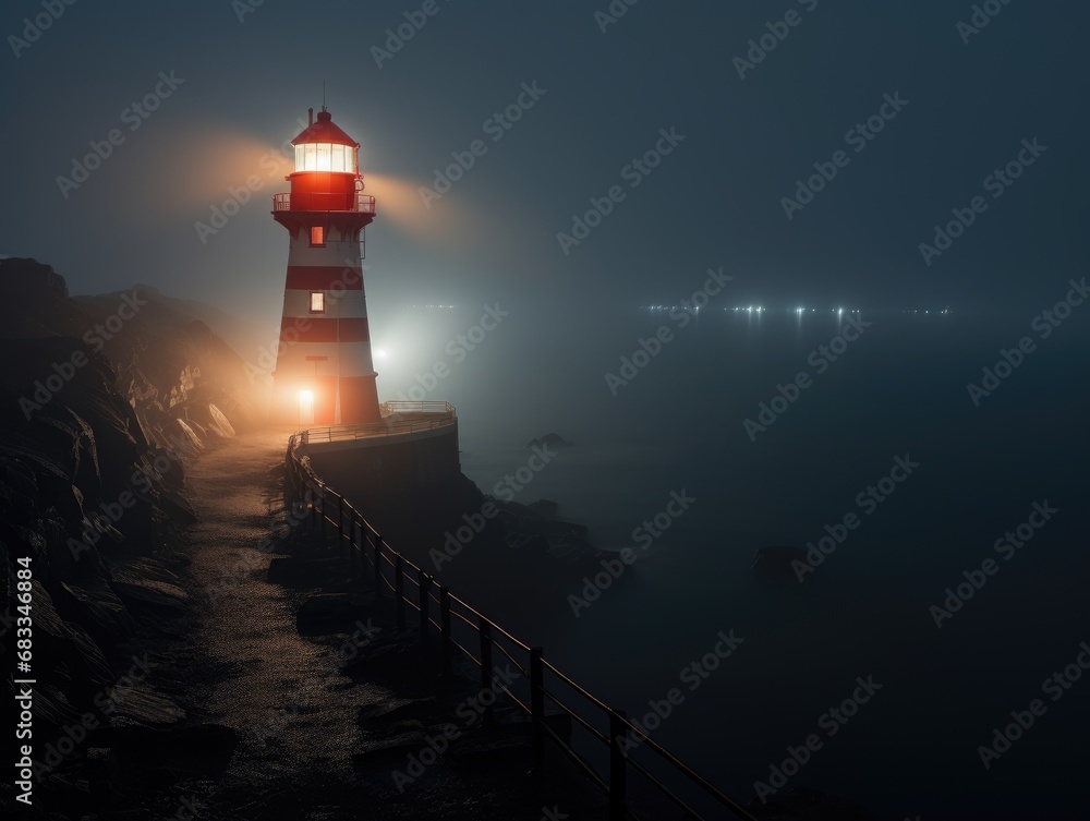 Foggy night with a lighthouse beacon cutting through the mist to guide ships safely