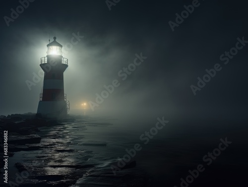 Foggy night with a lighthouse beacon cutting through the mist to guide ships safely