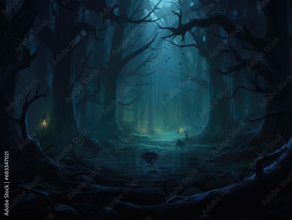 Mystical foggy forest with mysterious, glowing creatures lurking in the shadows.