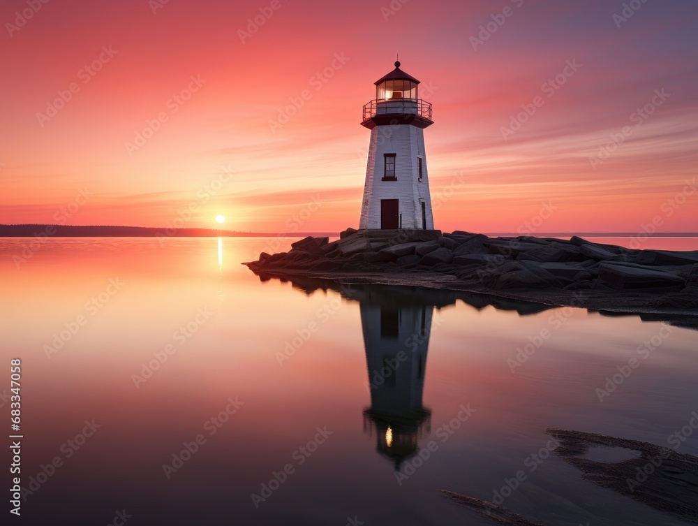 A serene scene of a lighthouse at sunset, casting a warm glow across the calm waters