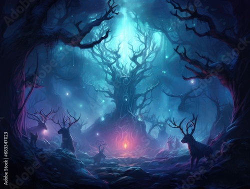 Mystical foggy forest with mysterious  glowing creatures lurking in the shadows.