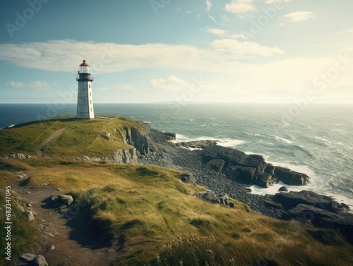 A vintage lighthouse standing tall on a cliff, overlooking a vast expanse of ocean