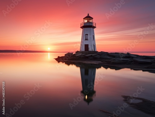 A serene scene of a lighthouse at sunset, casting a warm glow across the calm waters