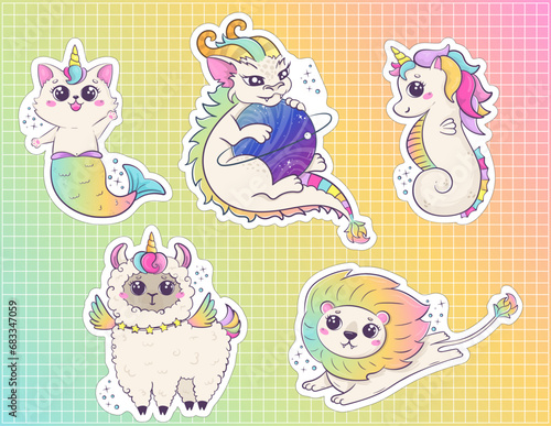 set of stickers with cute rainbow animals alpaca, llama, cat, mermaid, dragon and seahorse. Fantastic kawaii characters. Vector illustration of printable