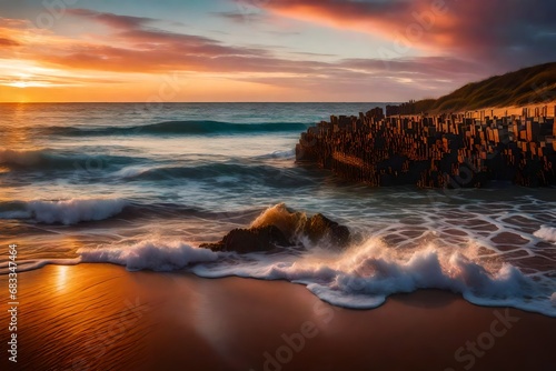 Beautifully crashing beach waves at sunset  vibrant colors  serene atmosphere