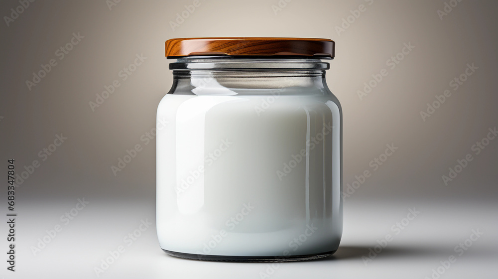 A Large Transparent Glass Jar Brimming with Fresh Milk, Resting on a Clean White Surface, Capturing the Essence of Pure Dairy Goodness and Minimalist Culinary Simplicity A Large Transparent Glass Jar Brimming with Fresh Milk, Resting on a Clean White Surface, Capturing the Essence of Pure Dairy Goodness and Minimalist Culinary Simplicity
