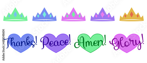 Versatile Christian elements such as cliparts, emojis, designs, stickers. Illustrations of crowns and hearts with text. Isolated images of Christian themes on a white background