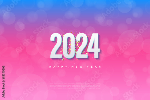 happy new year 2024 with very pretty transparent bubble background. design premium vector.