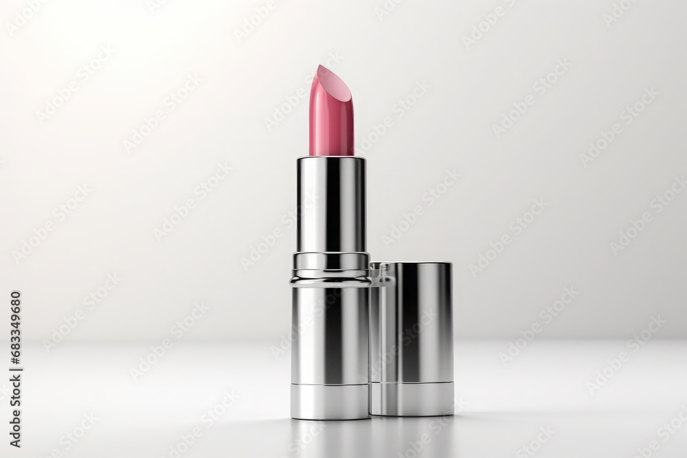 Stylish mockup of a cosmetic product, showcasing a lipstick tube with a customizable label and metallic sheen Stylish mockup of a cosmetic product, showcasing a lipstick tube with a customizable label and metallic sheen