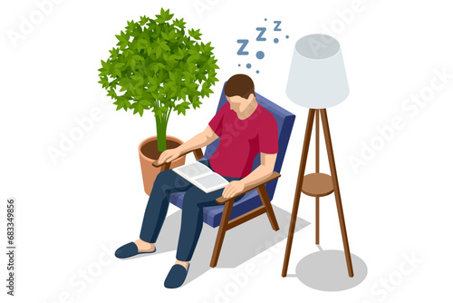Isometric young man fell asleep reading a book. A man is sleeping and holding a book. Fatigue, rest, relaxation. Lifestyle education concept