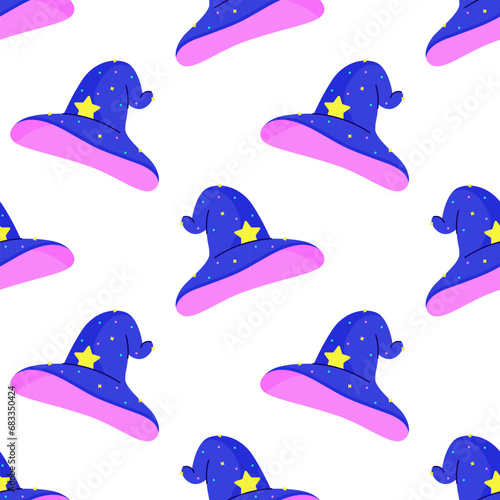 Cartoon magic witch hat stargazer wizard magician. Halloween decorations. Neon bright colors. Cool dark cartoon seamless vector pattern background for textile, fabric, wallpaper, wrapping.
