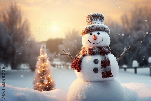 Happy snowman standing in christmas landscape. Snow background. Winter fairytale