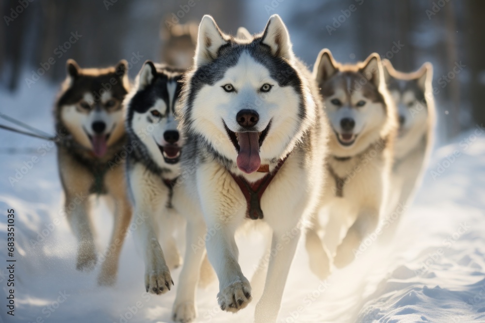 Sled dog team, lined up in perfect formation with their dog sledding harnesses, eager for an exciting winter journey Sled dog team, lined up in perfect formation with their dog sledding harnesses, eager for an exciting winter journey
