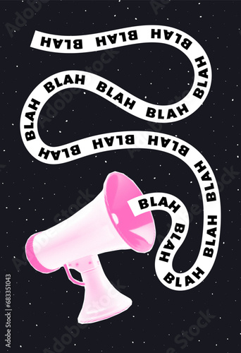 Trendy poster with halftone collage loudspeaker. Gossip concept. Contemporary grunge style. Retro vector illustration.