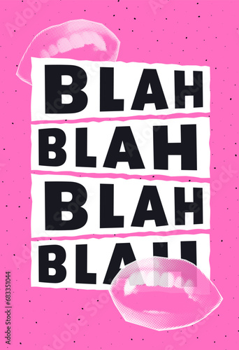 Trendy poster with halftone collage mouth. Gossip concept. Contemporary grunge style. Retro vector illustration.