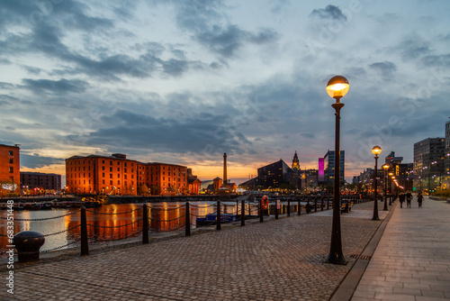 Liverpool Royal Albert Dock at night with Lamp Post in the Foreground  photo