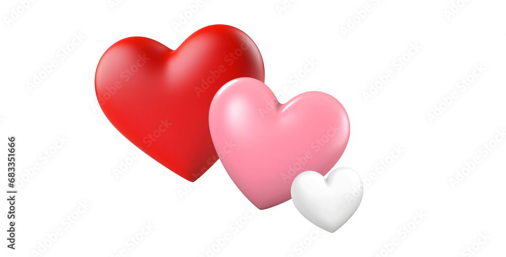 3D Rendered Illustration of Valentine’s Day Elements: Pink, Red, and White Heart Objects for Graphic Decoration, Isolated on Transparent Background, PNG