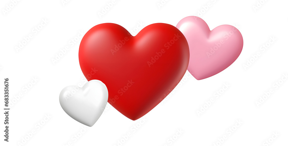 Set of 3D Heart Objects in Pink, Red, and White for Valentine’s Day Graphic Decorations: An Illustration, Isolated on Transparent Background, PNG