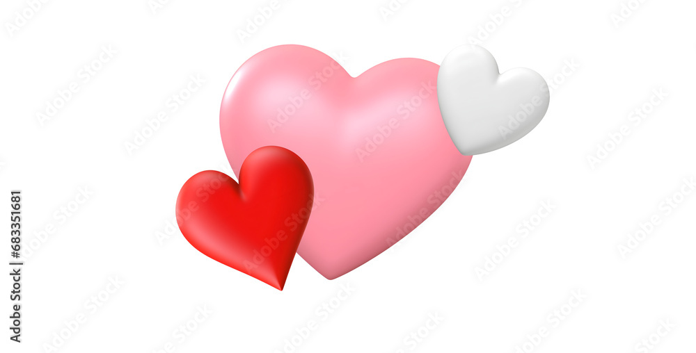 Valentine’s Day 3D Illustrated Elements: Graphic Decorative Objects in Pink, Red, and White Heart Shapes, Isolated on Transparent Background, PNG