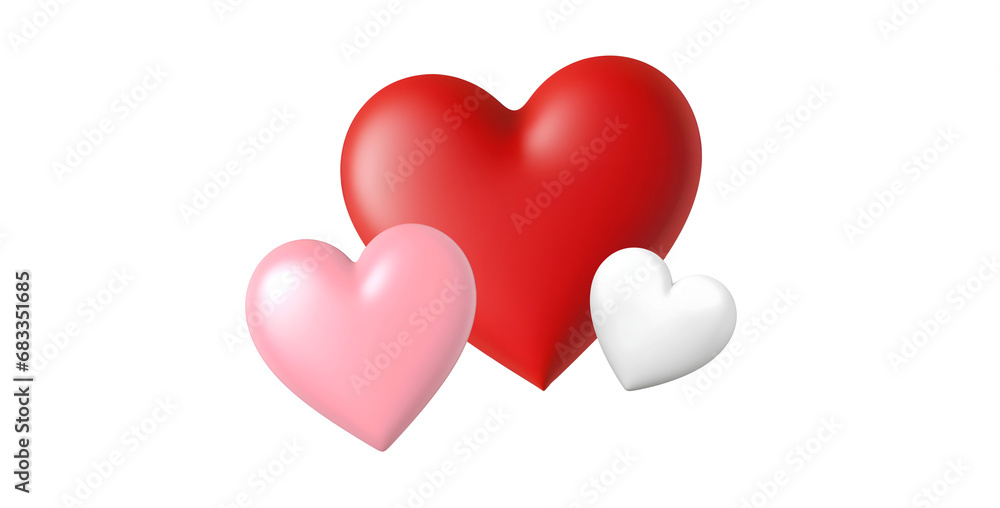 Graphic Decorate with 3D Rendered Illustration of Heart Objects in Pink, Red, and White for Valentine’s Day, Isolated on Transparent Background, PNG