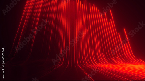 Abstract futuristic neon background, red glowing lines, laser beams, light speed. 3d render