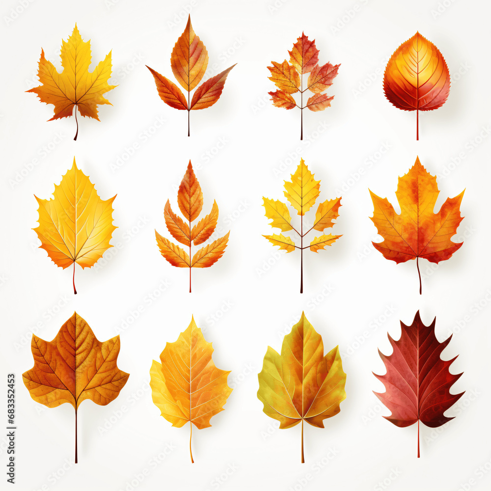 Collection of Colorful, Silky Fall Leaves on White