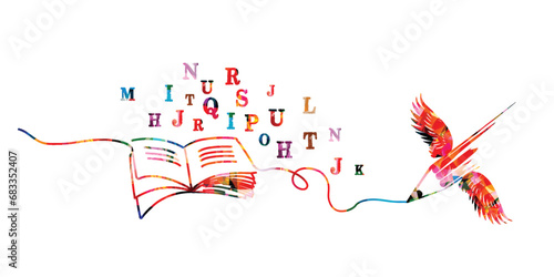 Colorful pencil with wings and book vector illustration. Design for creative writing and creation, storytelling, blogging, education, book cover, article and website content writing, copywriting
